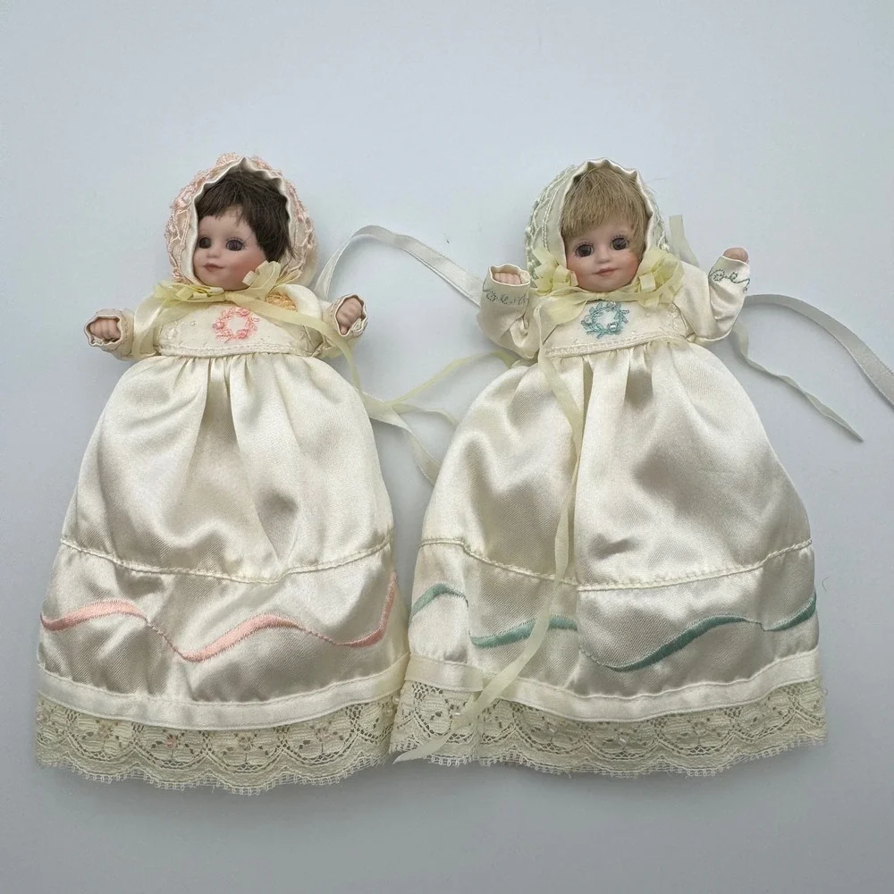 Vintage Porcelain Dolls Set of 2 Christening‎ Gown Lace Ribbon Heirloom Keepsake
